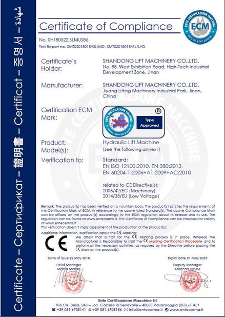 চীন Shandong Lift Machinery Co.,Ltd সার্টিফিকেশন